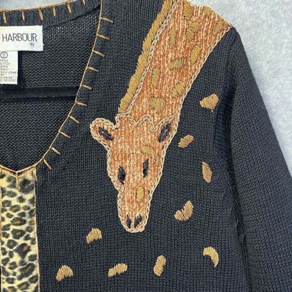 Vintage VICTORIA HARBOUR Safari Cardigan Sweater Animal Print Black Womens Small - Picture 10 of 12